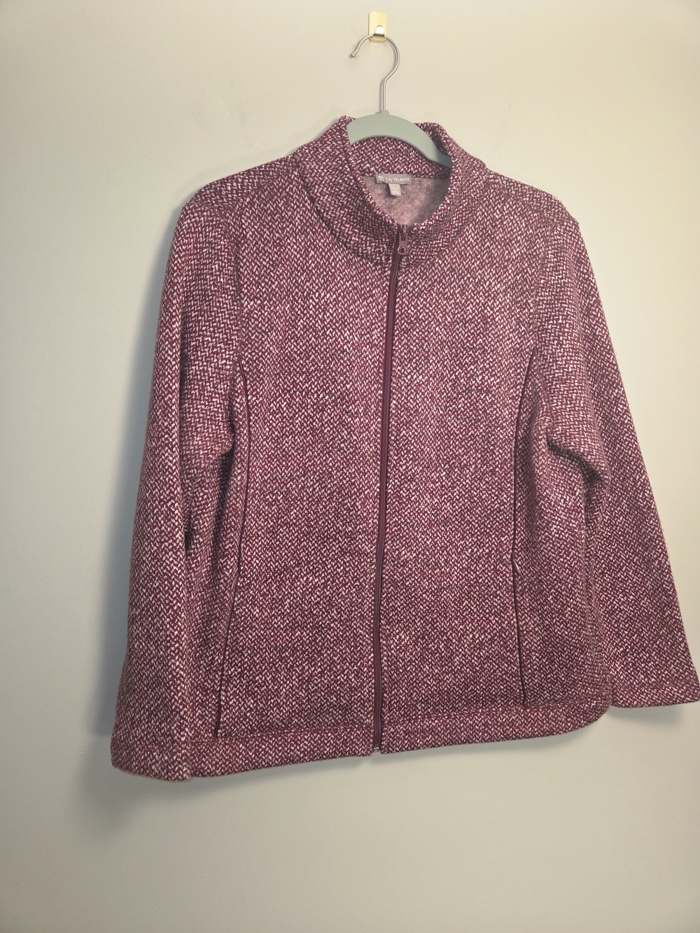 T by Talbots Full Zip Herringbone Knit Sweater Fleece Jacket Burgundy LP Petite